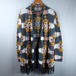 Lucky Brand Open Front Cardigan Sz Small Tribal Southwestern Aztec Print Fringe